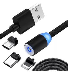 Cable de Carga USB 3 en 1 Magnético – Carga Rápida, Compatible con USB-C, iPhone y AndroidMicro USB y Lightning, Trenzado Reforzado y Rotación 360°